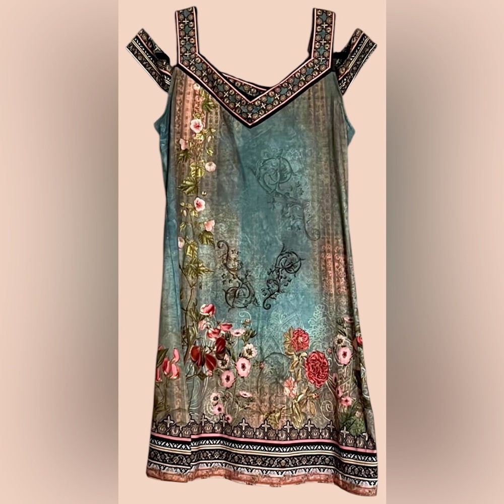 NORACORA Turquoise/Celery/Peach/Black Strappy Mosaic Flapper Dress, Small, GUC.